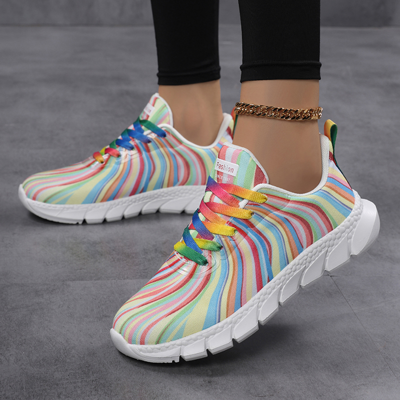 Dames regenboog gestreepte sne - Knit Fabric Lace Up Sneakers recensie en prijs